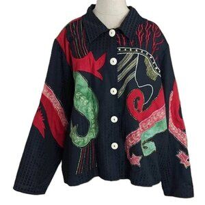 Vintage Alex Kim‎ Jacket Embroidered Patchwork Applique 2X Boho Coastal Grandma